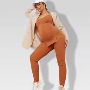 Maternity Tan Bump Shaping Knitted Wide Rib Leggings